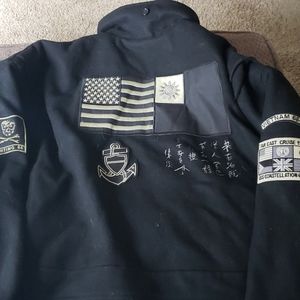 SCHOTT JACKET. PATCHED NYC U.S.S. FORRESTAL